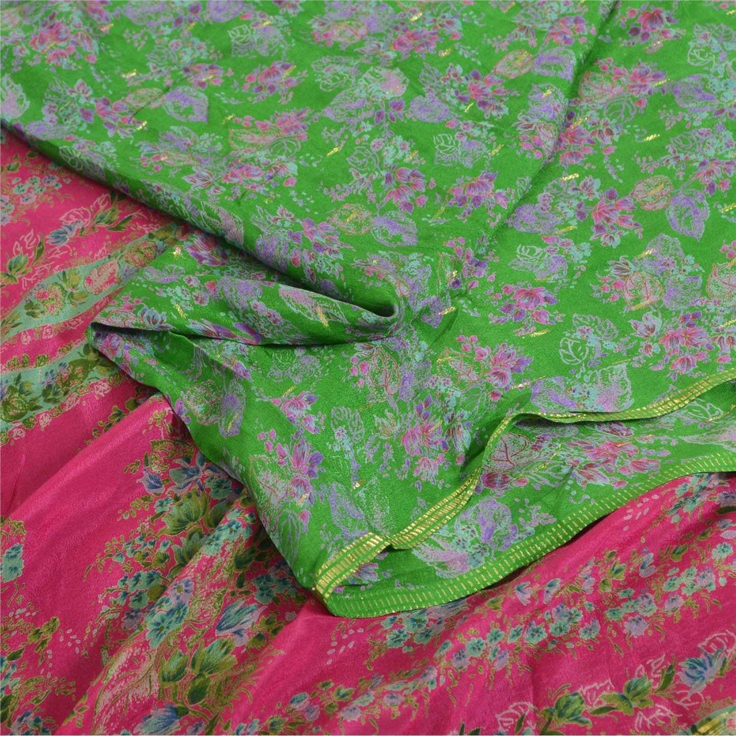 Sanskriti Vintage Sarees Green 100% Pure Silk Print Woven Sari 5yd Craft Fabric