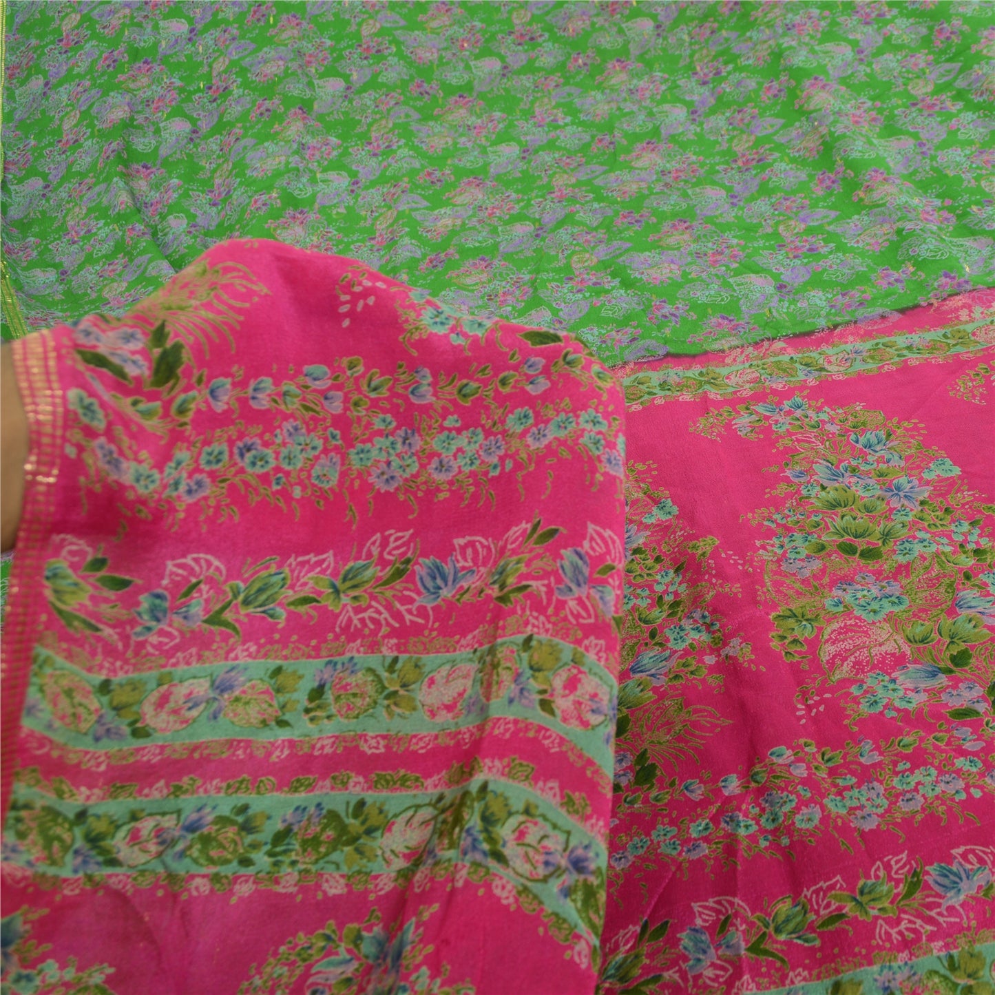 Sanskriti Vintage Sarees Green 100% Pure Silk Print Woven Sari 5yd Craft Fabric