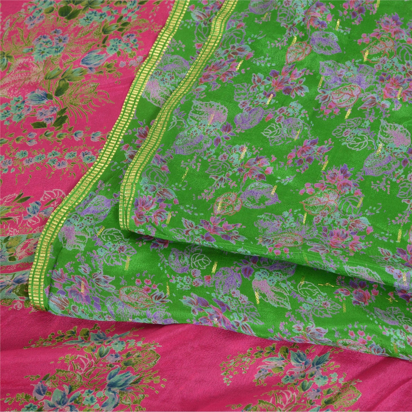 Sanskriti Vintage Sarees Green 100% Pure Silk Print Woven Sari 5yd Craft Fabric