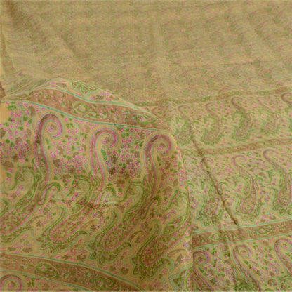 Sanskriti Vintage Sarees Beige Indian Pure Silk Printed Sari 6yd Craft Fabric