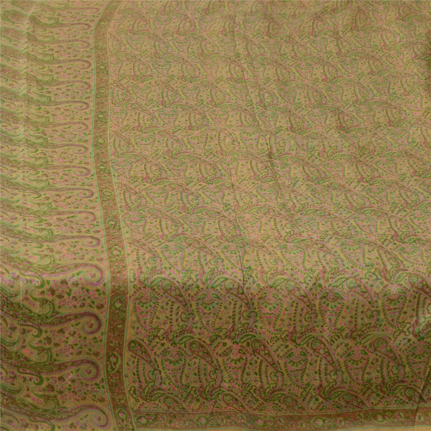 Sanskriti Vintage Sarees Beige Indian Pure Silk Printed Sari 6yd Craft Fabric