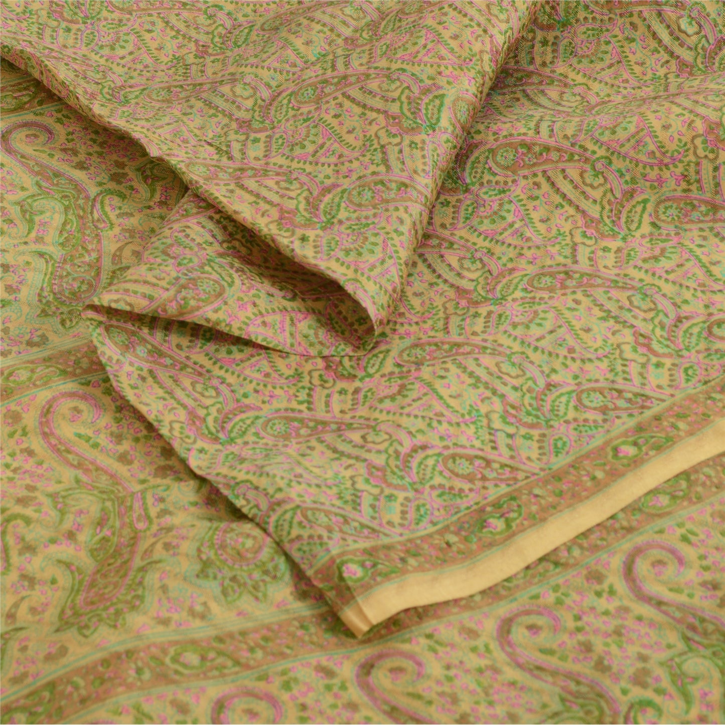 Sanskriti Vintage Sarees Beige Indian Pure Silk Printed Sari 6yd Craft Fabric