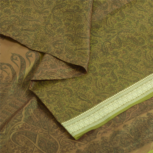 Sanskriti Vintage Sarees Green/Brown Pure Silk Printed Sari 5yd Craft Fabric