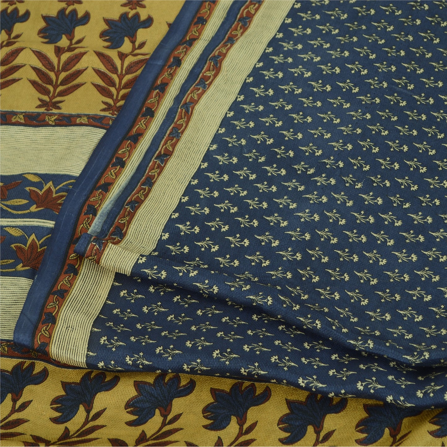 Sanskriti Vintage Sarees From India Blue Pure Silk Printed Sari 5yd Craft Fabric