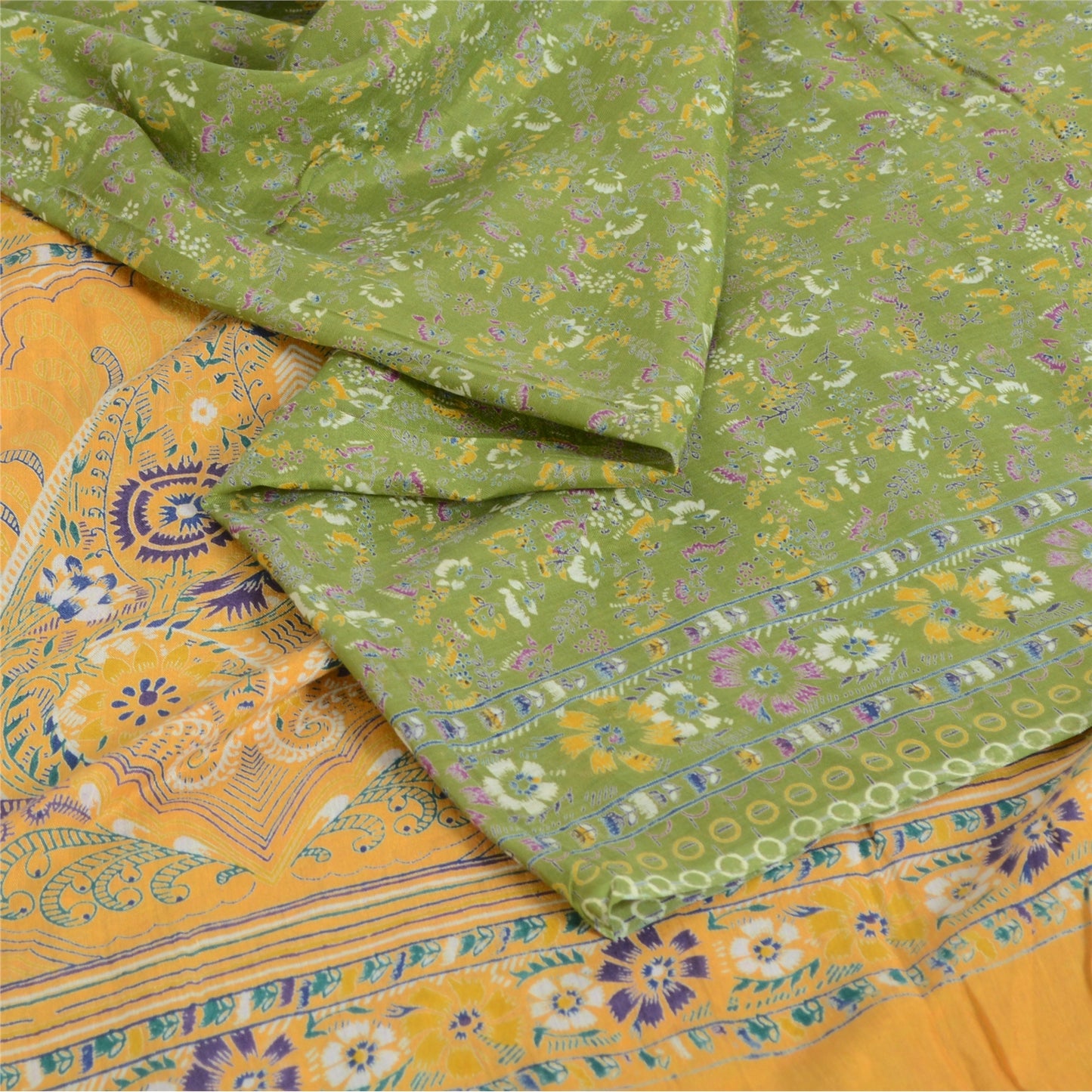 Sanskriti Vintage Sarees Green Indian Cotton Silk Printed Sari 5yd Craft Fabric