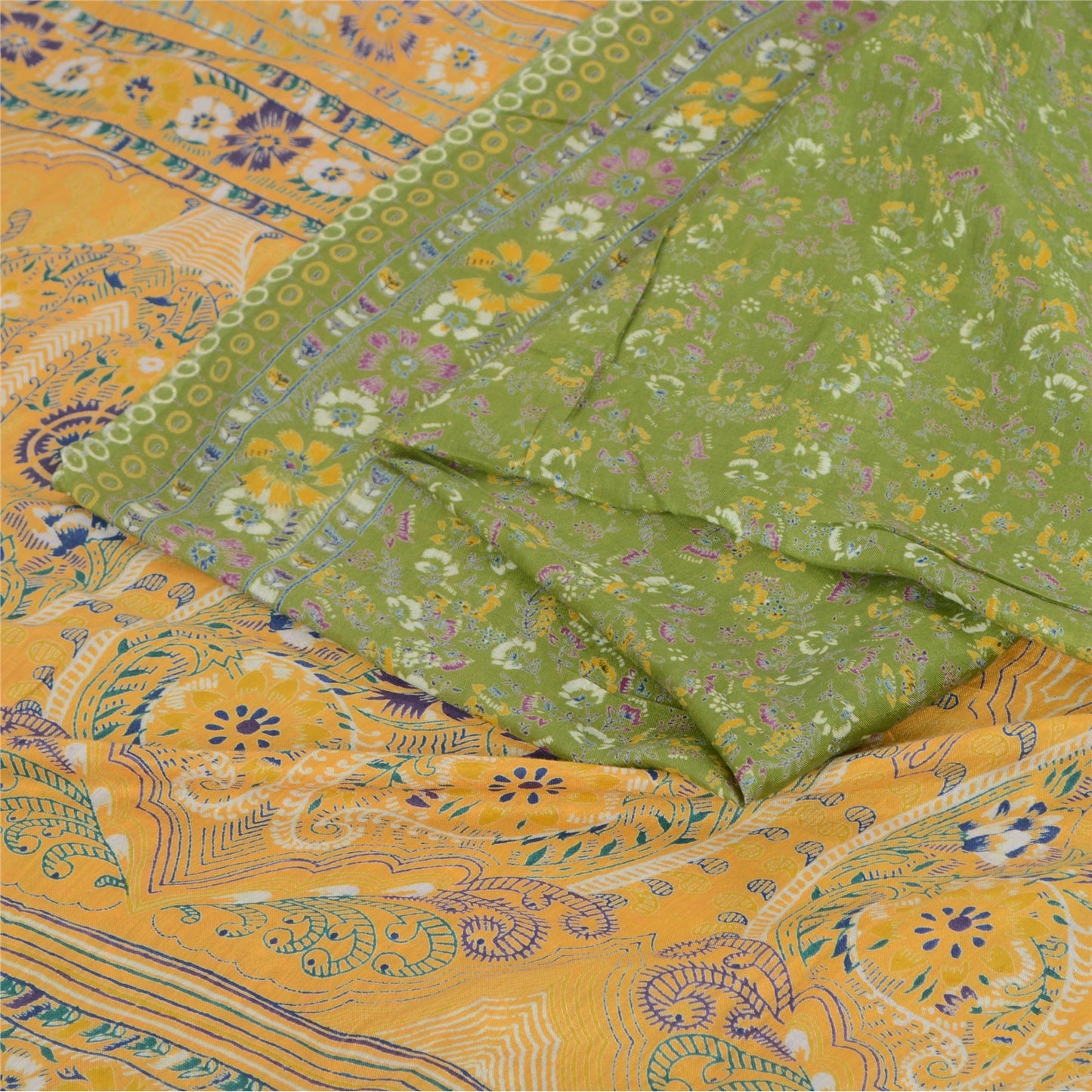 Sanskriti Vintage Sarees Green Indian Cotton Silk Printed Sari 5yd Craft Fabric