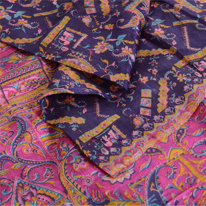 Sanskriti Vintage Sarees Purple/Pink Pure Silk Printed Sari 5yd Craft Fabric