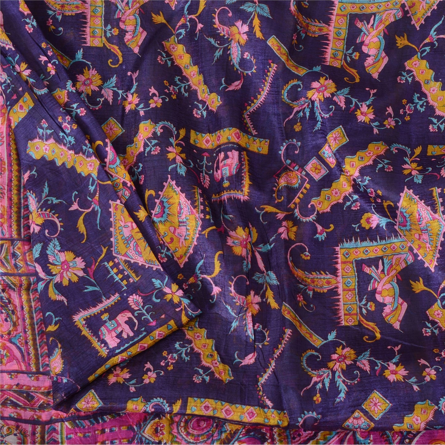 Sanskriti Vintage Sarees Purple/Pink Pure Silk Printed Sari 5yd Craft Fabric