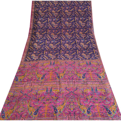 Sanskriti Vintage Sarees Purple/Pink Pure Silk Printed Sari 5yd Craft Fabric