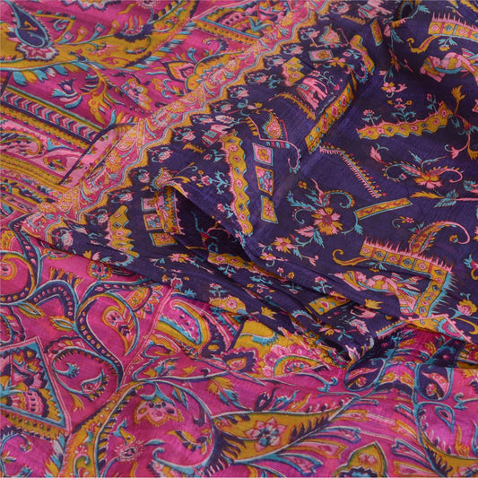 Sanskriti Vintage Sarees Purple/Pink Pure Silk Printed Sari 5yd Craft Fabric