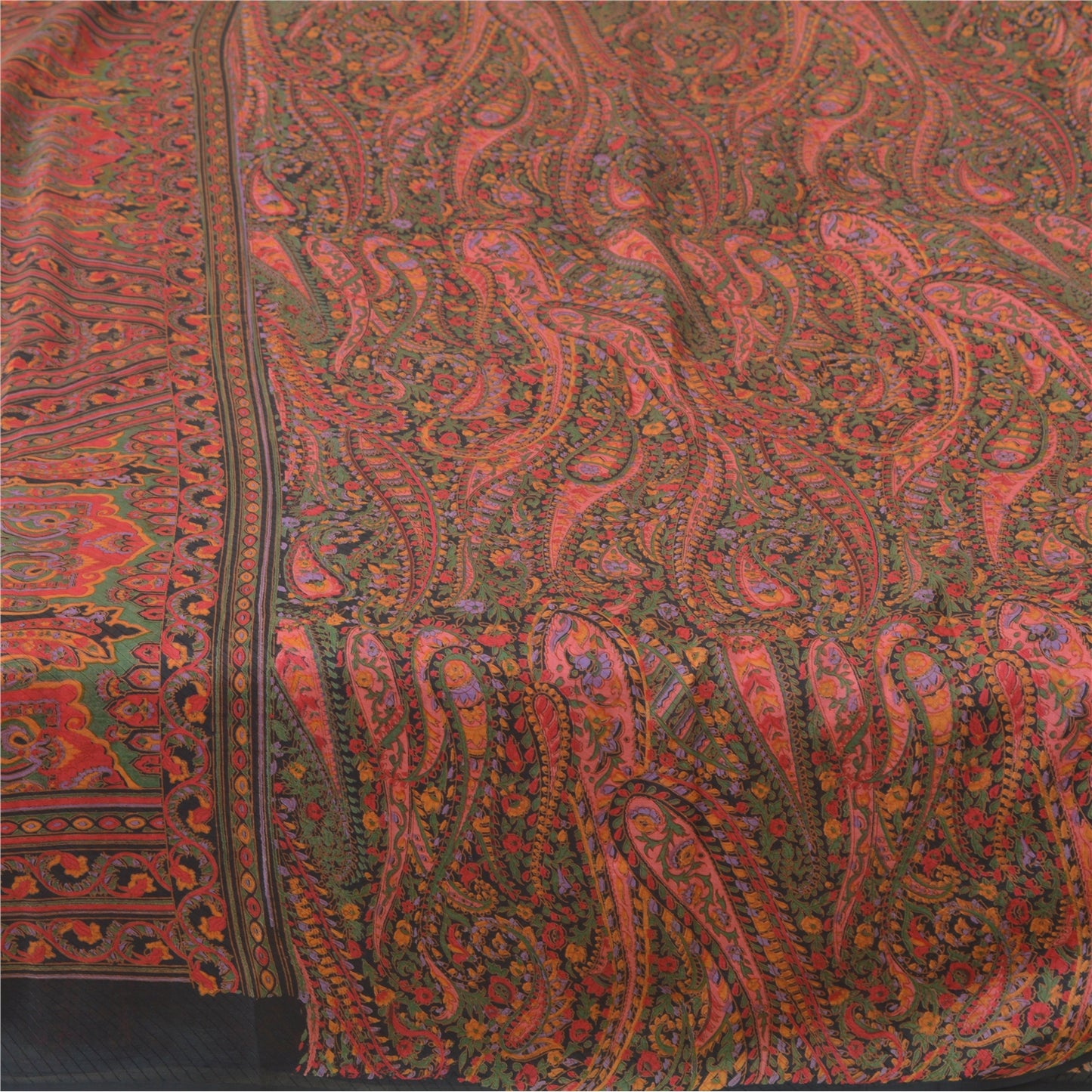 Sanskriti Vintage Sarees Green/Red Indian Blend Silk Print Sari 6yd Craft Fabric