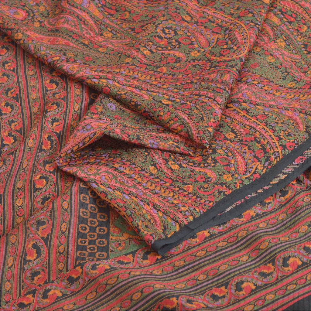 Sanskriti Vintage Sarees Green/Red Indian Blend Silk Print Sari 6yd Craft Fabric