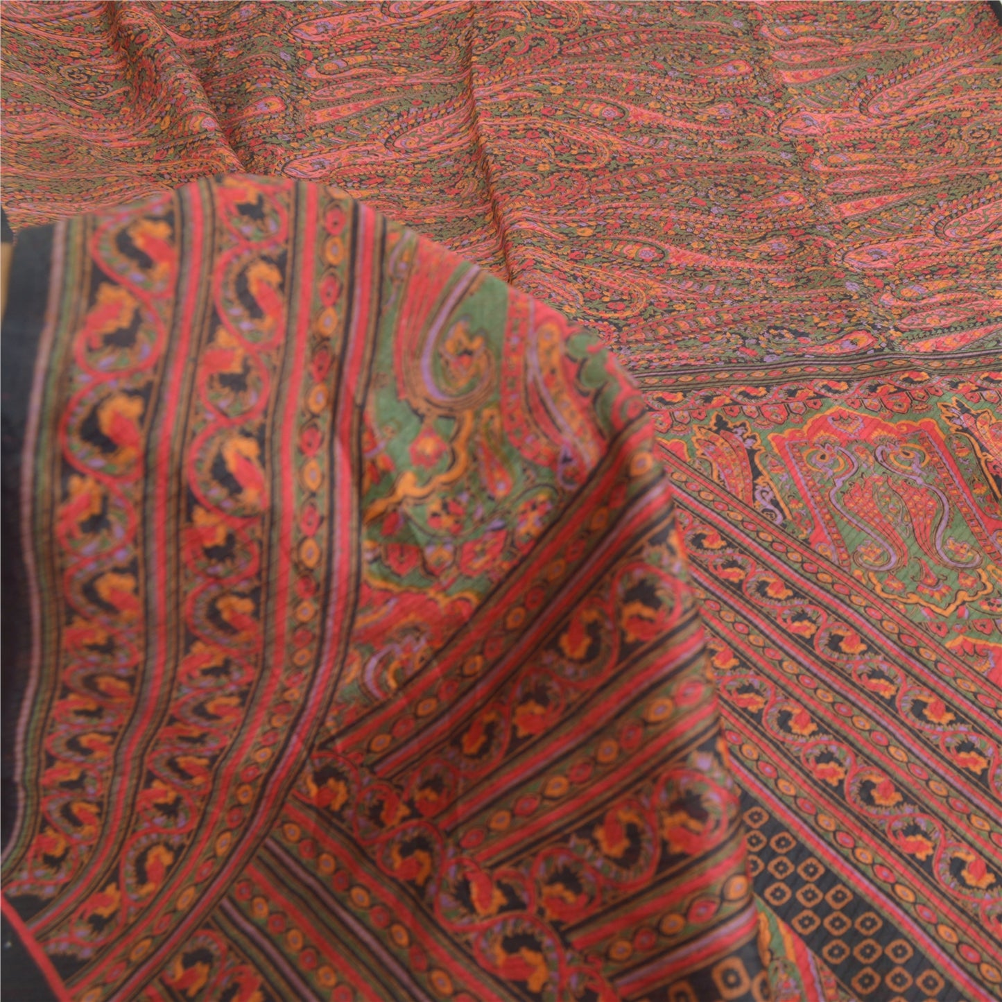 Sanskriti Vintage Sarees Green/Red Indian Blend Silk Print Sari 6yd Craft Fabric