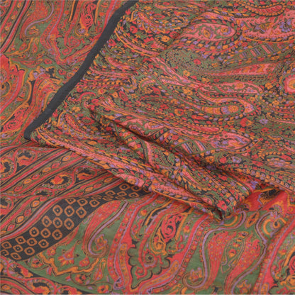 Sanskriti Vintage Sarees Green/Red Indian Blend Silk Print Sari 6yd Craft Fabric