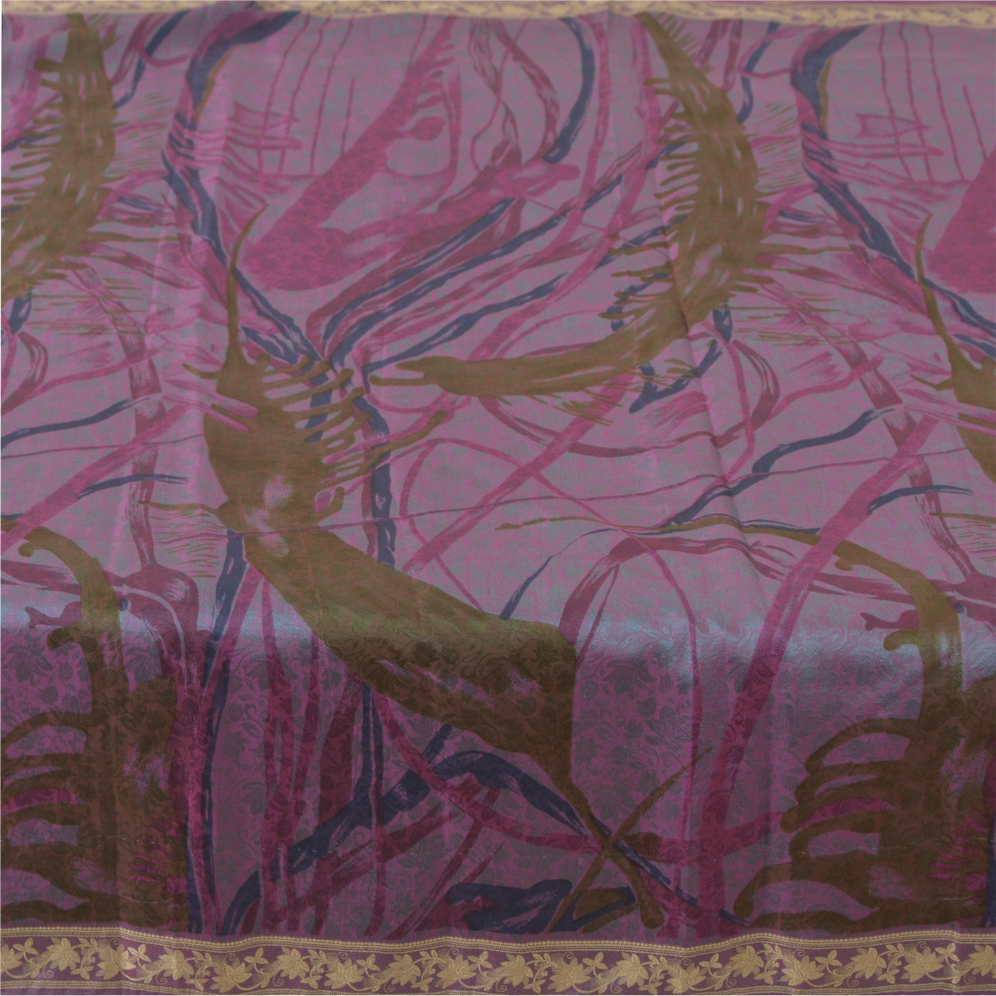 Sanskriti Vintage Sarees Purple Indian Blend Silk Printed Sari 5yd Craft Fabric