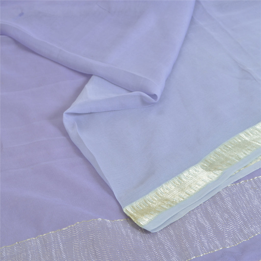 Sanskriti Vintage Sarees Soft Lilac Pure ChiffonSilk Zari Border Sari 5yd Fabric