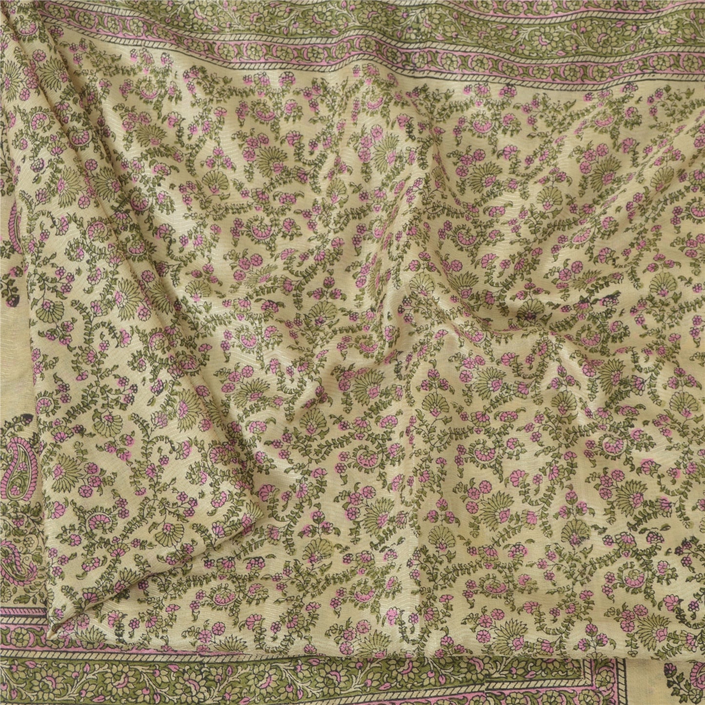 Sanskriti Vintage Sarees Ivory Indian Blend Silk Printed Sari 6yd Craft Fabric