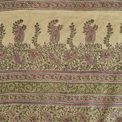 Sanskriti Vintage Sarees Ivory Indian Blend Silk Printed Sari 6yd Craft Fabric