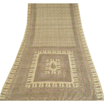 Sanskriti Vintage Sarees Ivory Indian Blend Silk Printed Sari 6yd Craft Fabric