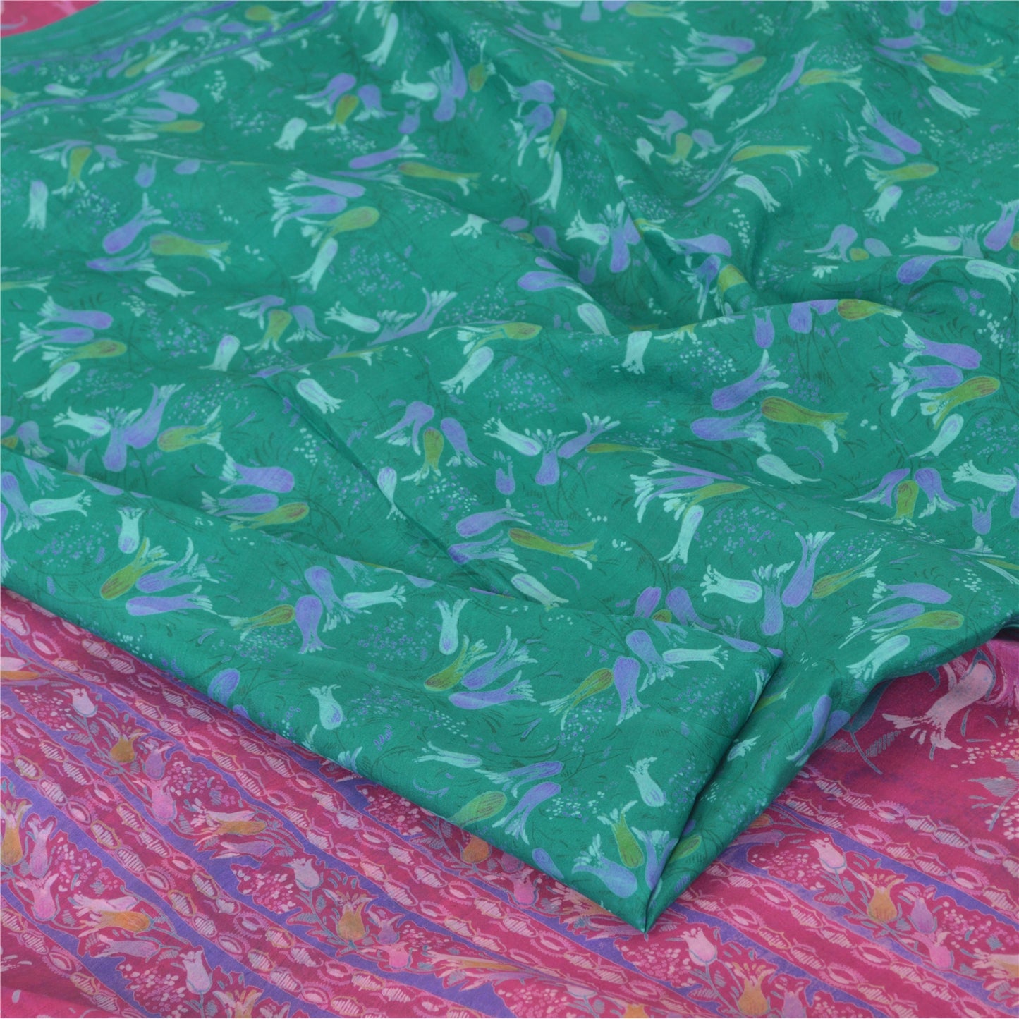 Sanskriti Vintage Sarees Green Pure Silk Printed Sari 5yd Craft Fabric