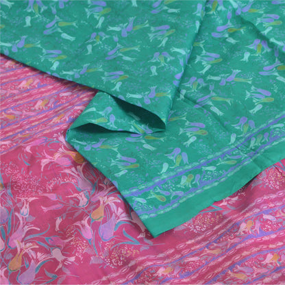 Sanskriti Vintage Sarees Green Pure Silk Printed Sari 5yd Craft Fabric