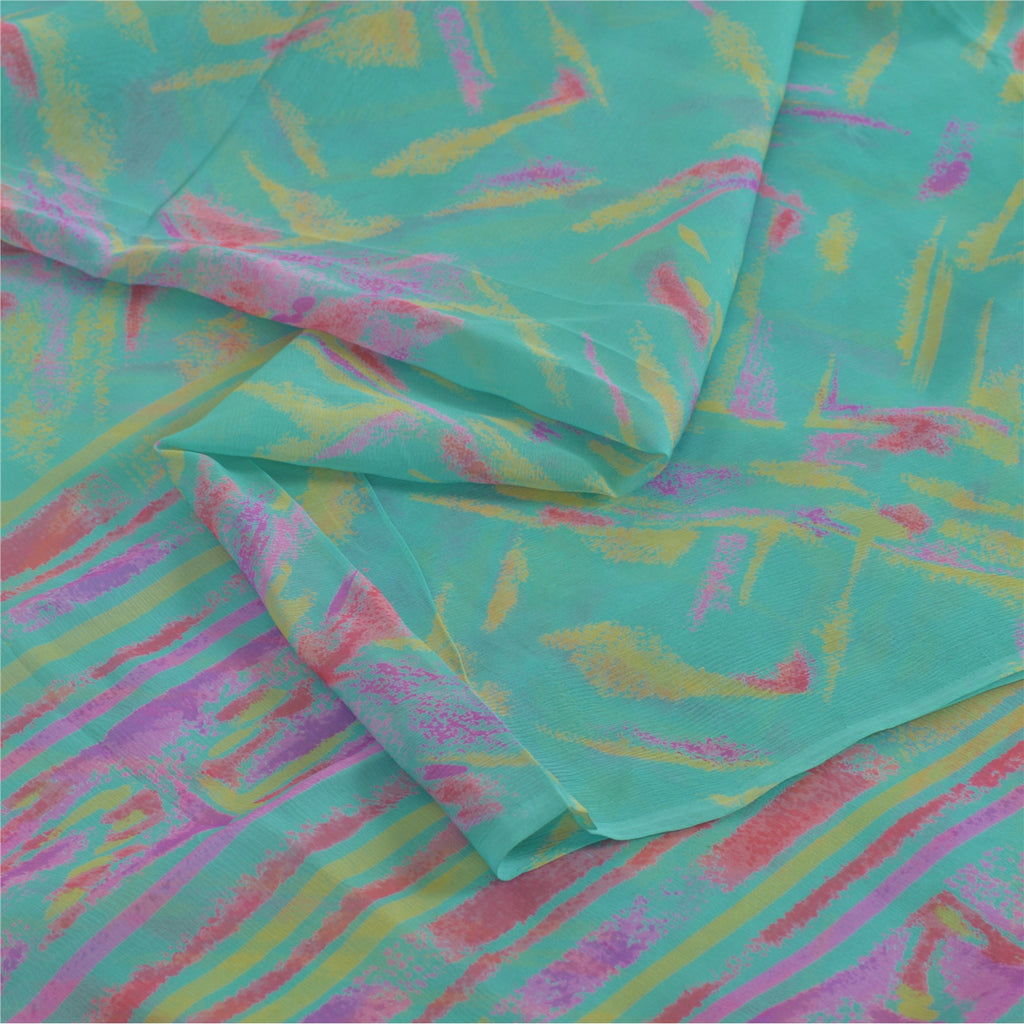 Sanskriti Vintage Sarees Green/Pink Blend Chiffon Printed Sari 5yd Craft Fabric