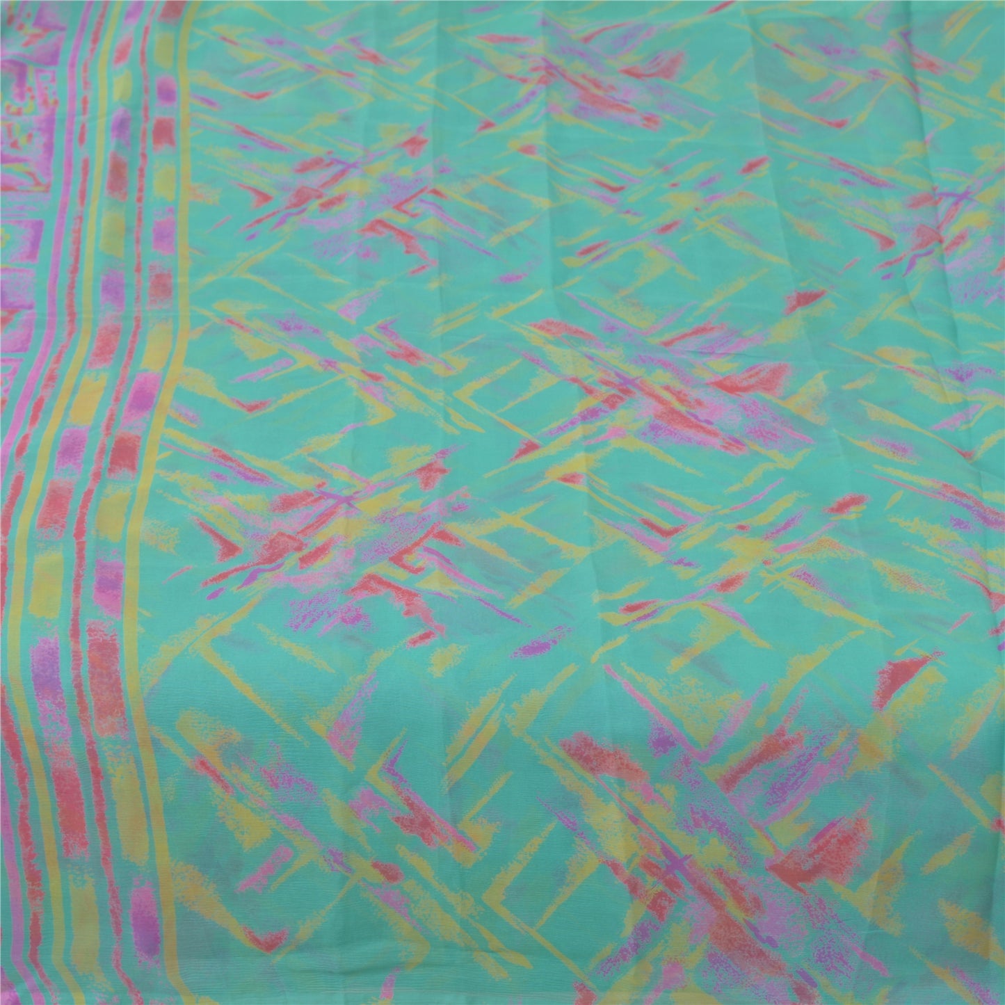 Sanskriti Vintage Sarees Green/Pink Blend Chiffon Printed Sari 5yd Craft Fabric