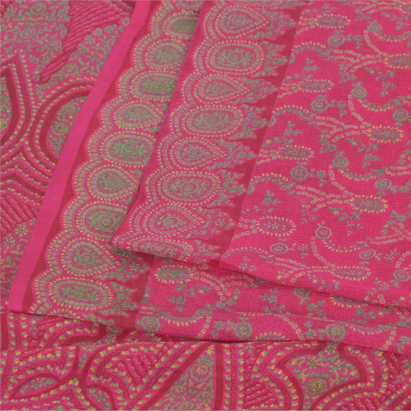 Sanskriti Vintage Sarees Hot-Pink Pure Silk Printed Sari 5yd Craft Fabric