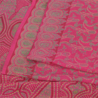 Sanskriti Vintage Sarees Hot-Pink Pure Silk Printed Sari 5yd Craft Fabric