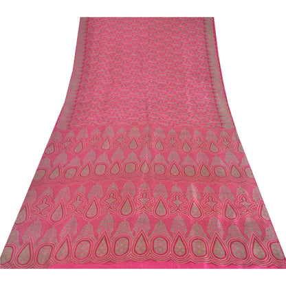 Sanskriti Vintage Sarees Hot-Pink Pure Silk Printed Sari 5yd Craft Fabric