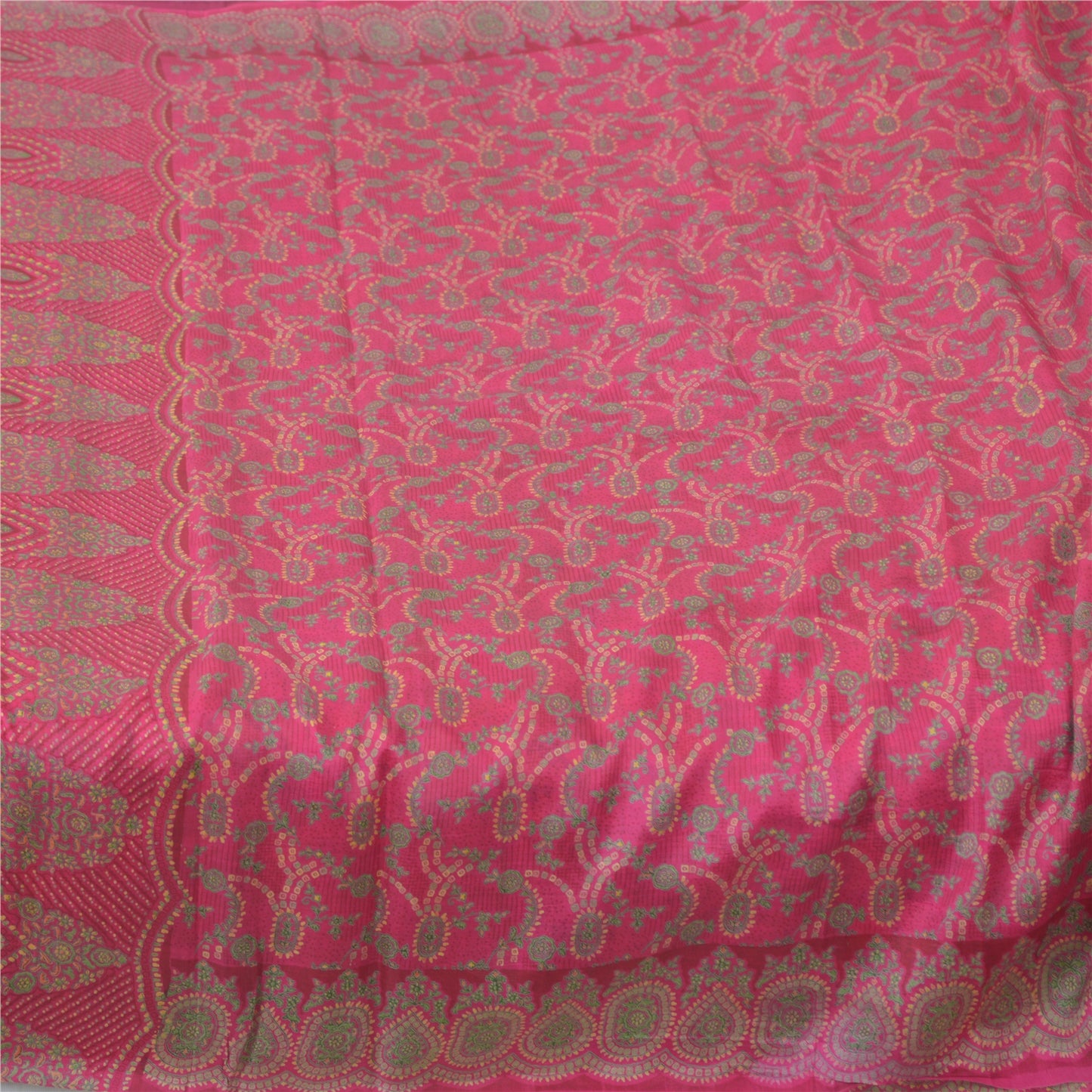 Sanskriti Vintage Sarees Hot-Pink Pure Silk Printed Sari 5yd Craft Fabric