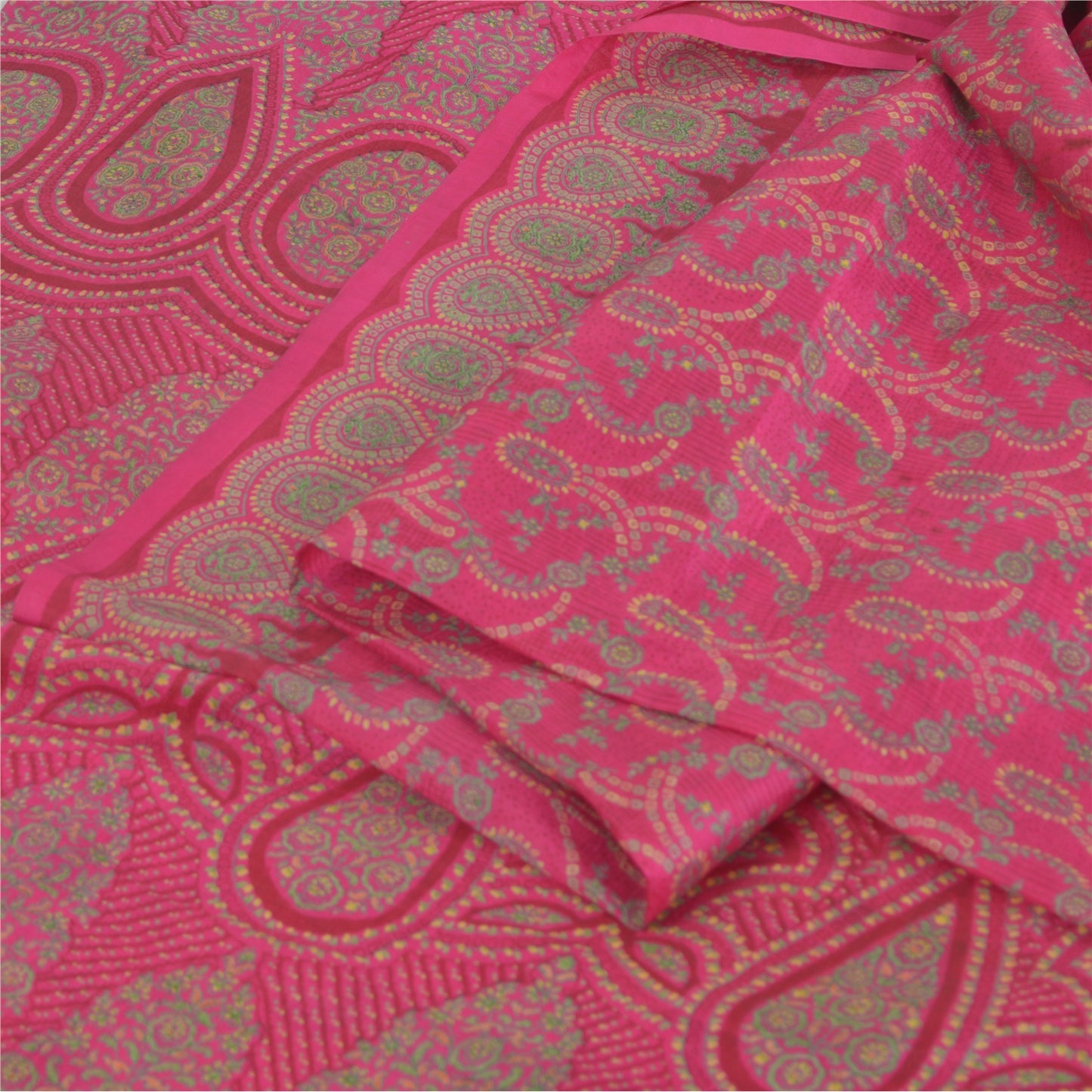 Sanskriti Vintage Sarees Hot-Pink Pure Silk Printed Sari 5yd Craft Fabric