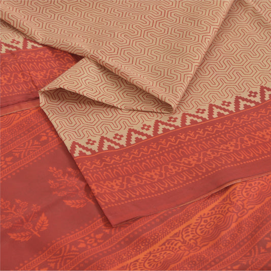 Sanskriti Vintage Sarees Peach /Red 100% Pure Silk Printed Sari 5yd Craft Fabric