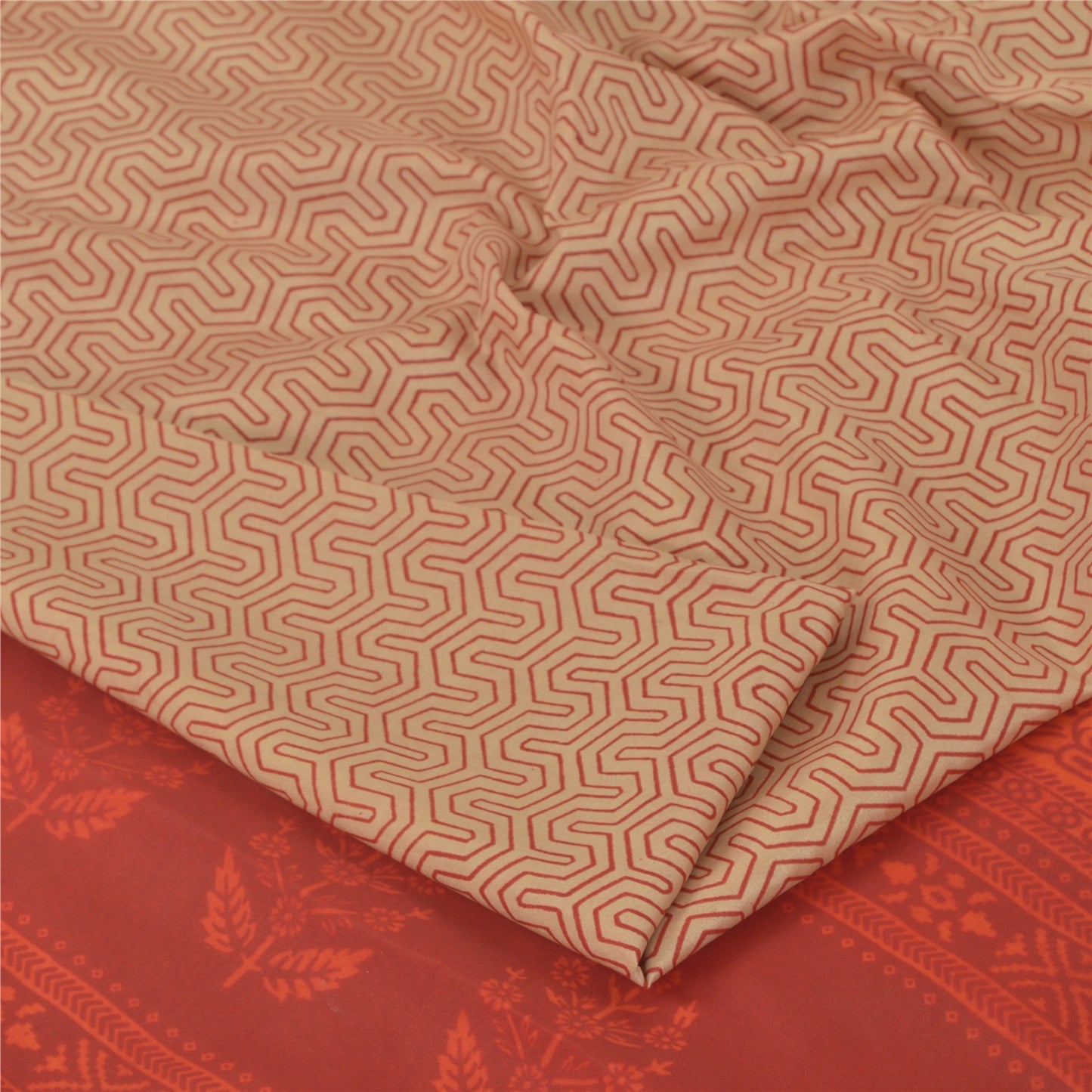 Sanskriti Vintage Sarees Peach /Red 100% Pure Silk Printed Sari 5yd Craft Fabric