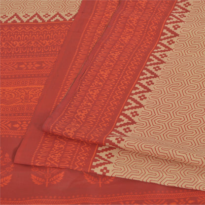 Sanskriti Vintage Sarees Peach /Red 100% Pure Silk Printed Sari 5yd Craft Fabric