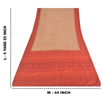 Sanskriti Vintage Sarees Peach /Red 100% Pure Silk Printed Sari 5yd Craft Fabric