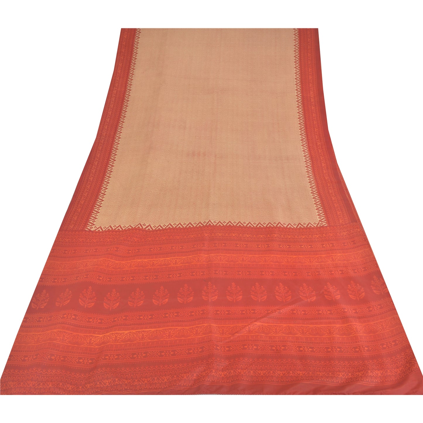 Sanskriti Vintage Sarees Peach /Red 100% Pure Silk Printed Sari 5yd Craft Fabric