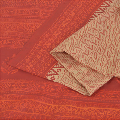 Sanskriti Vintage Sarees Peach /Red 100% Pure Silk Printed Sari 5yd Craft Fabric