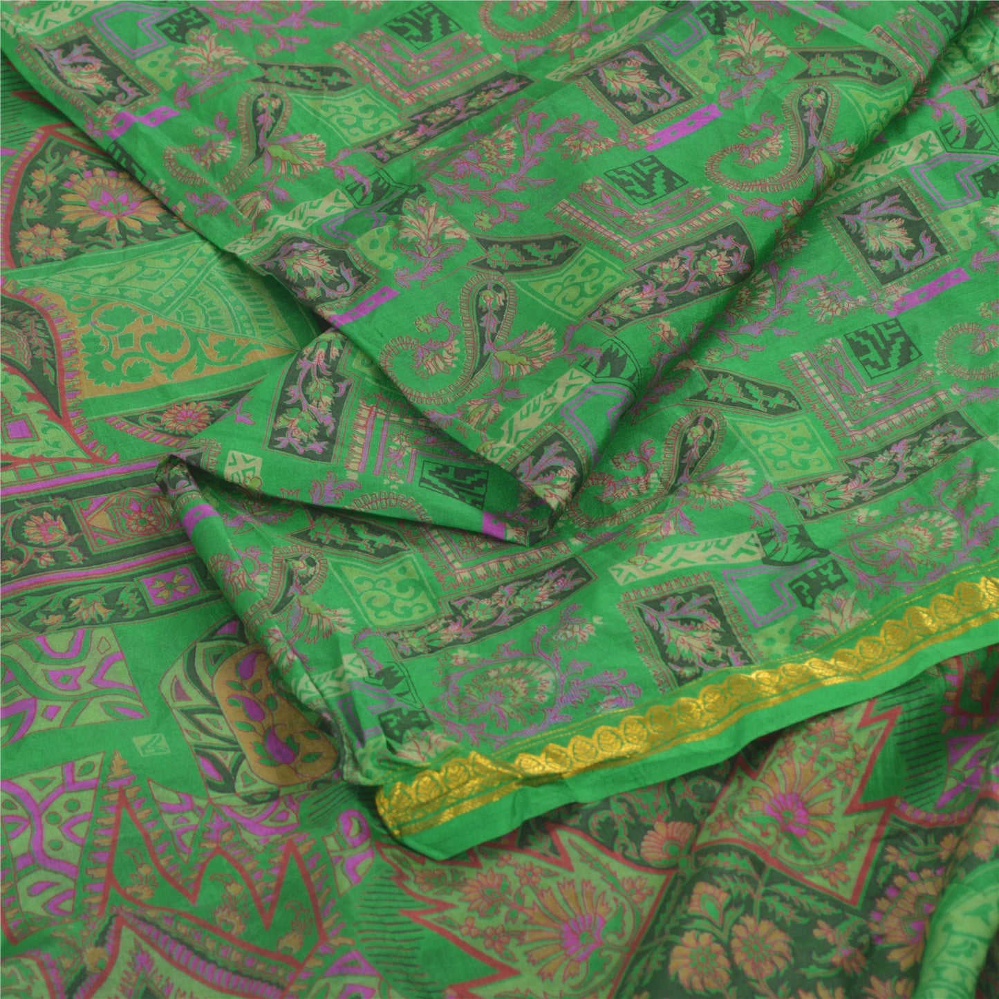 Sanskriti Vintage Sarees Green Zari Border Pure Silk Print Sari 5yd Craft Fabric