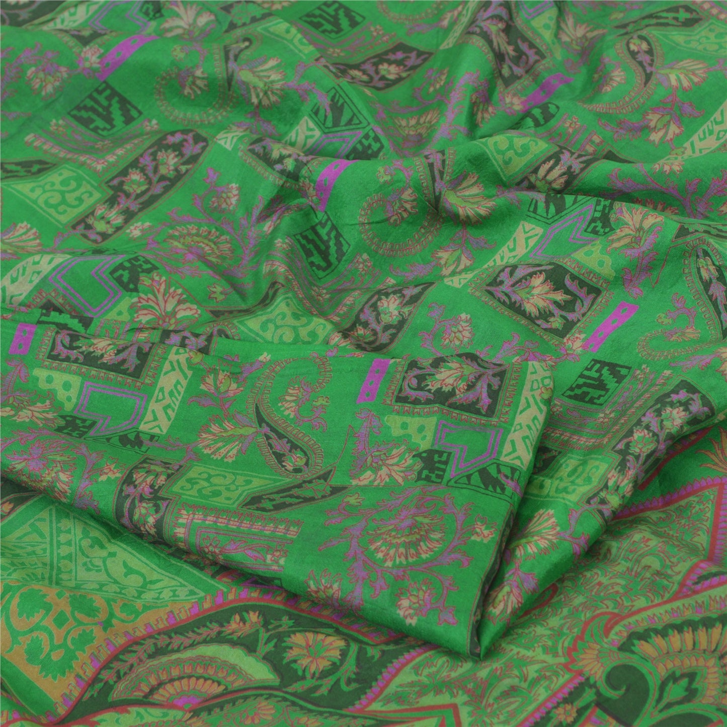 Sanskriti Vintage Sarees Green Zari Border Pure Silk Print Sari 5yd Craft Fabric