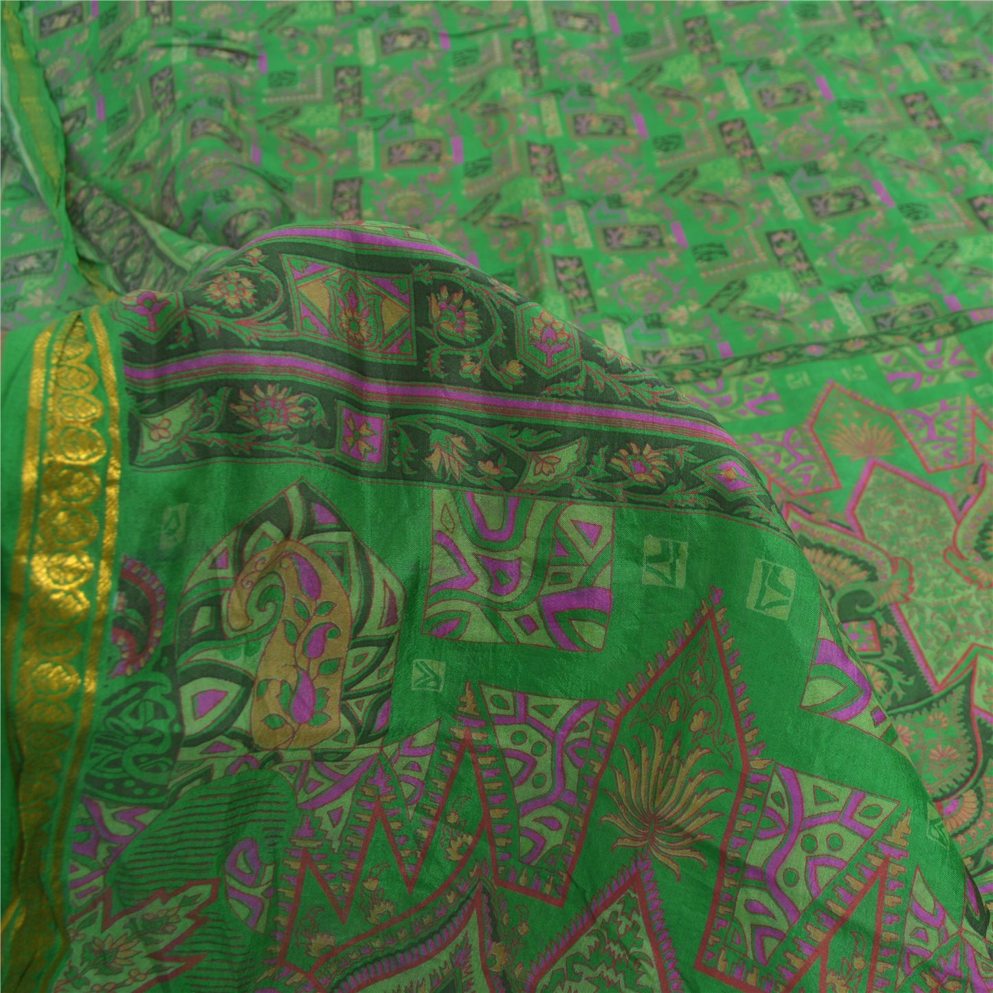 Sanskriti Vintage Sarees Green Zari Border Pure Silk Print Sari 5yd Craft Fabric