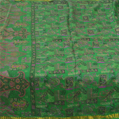 Sanskriti Vintage Sarees Green Zari Border Pure Silk Print Sari 5yd Craft Fabric