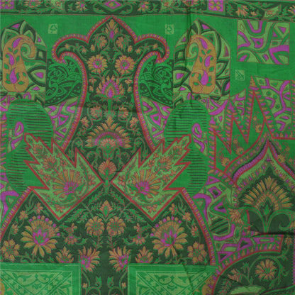 Sanskriti Vintage Sarees Green Zari Border Pure Silk Print Sari 5yd Craft Fabric