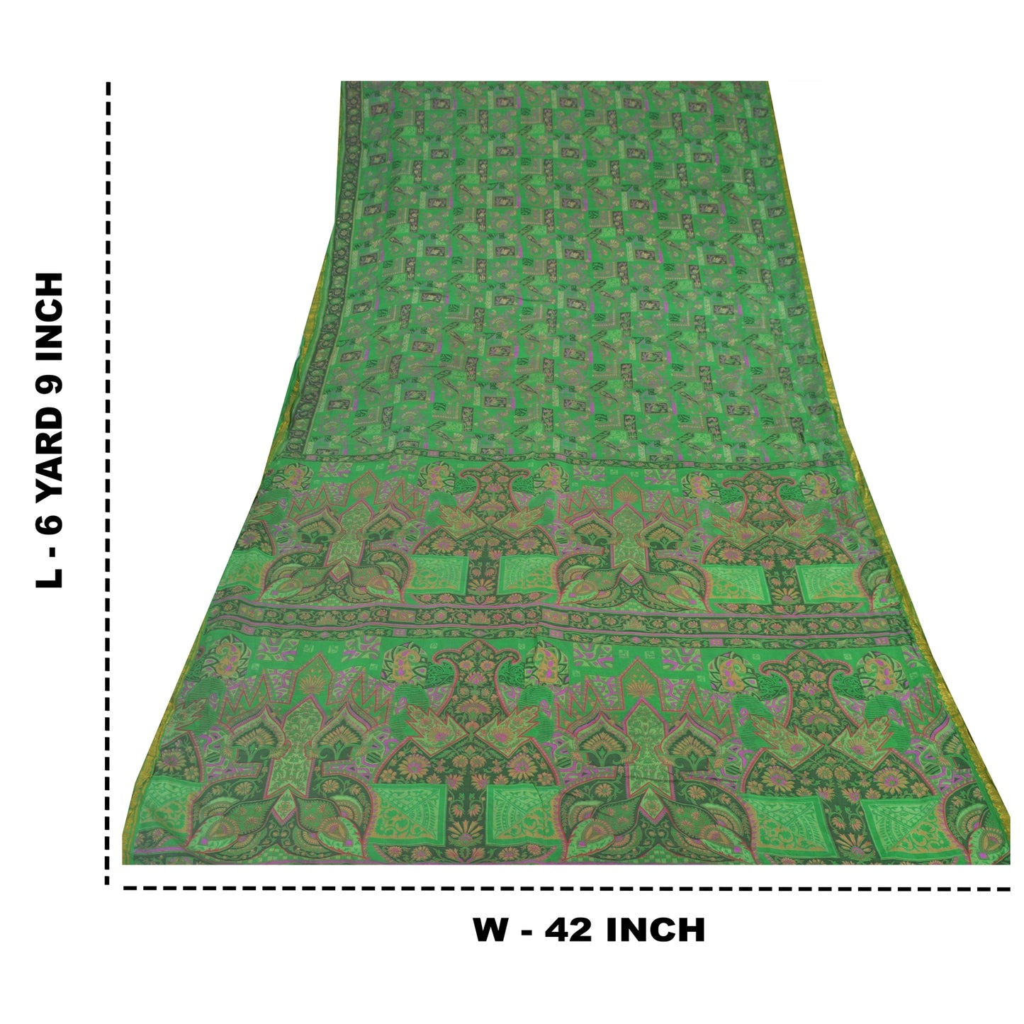 Sanskriti Vintage Sarees Green Zari Border Pure Silk Print Sari 5yd Craft Fabric