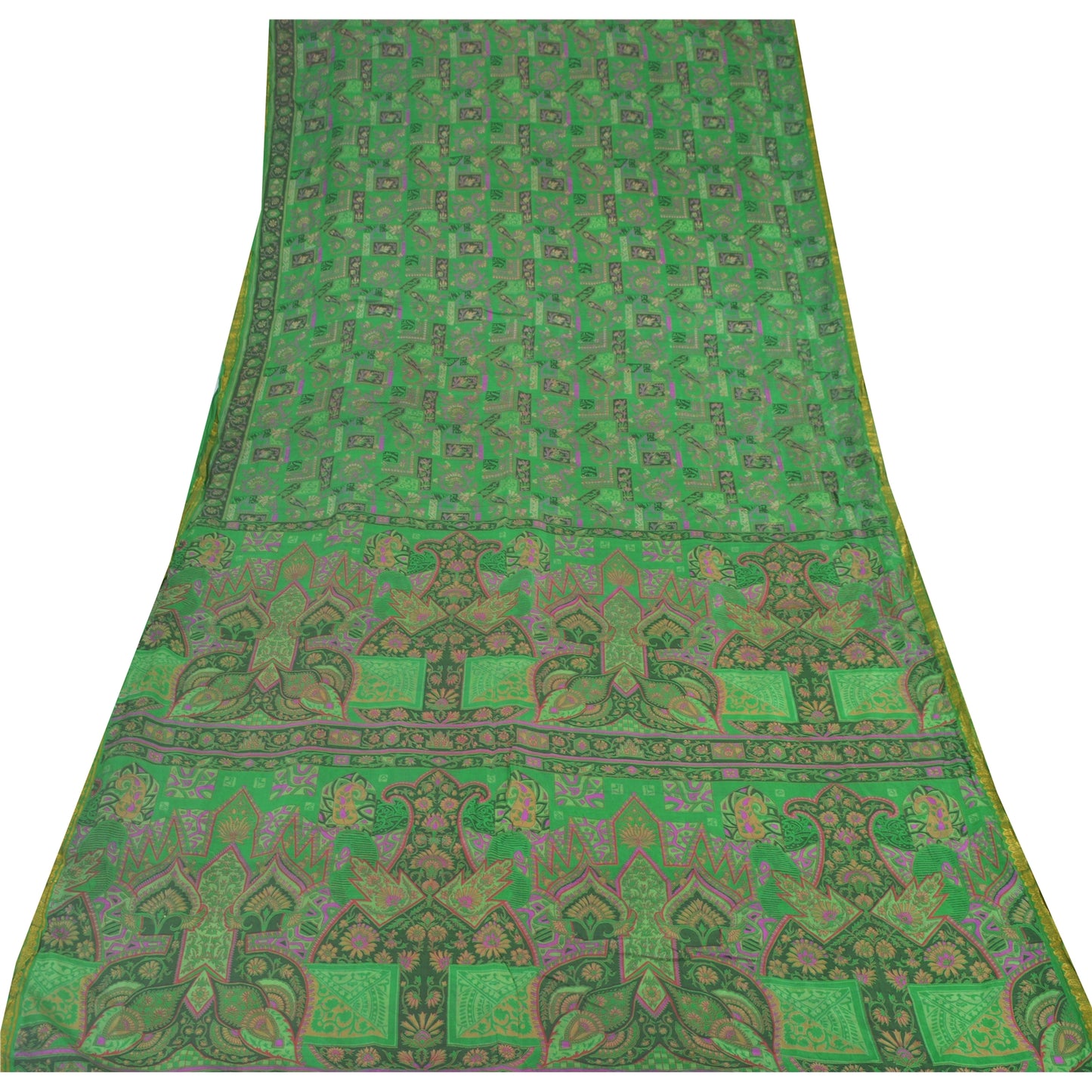 Sanskriti Vintage Sarees Green Zari Border Pure Silk Print Sari 5yd Craft Fabric