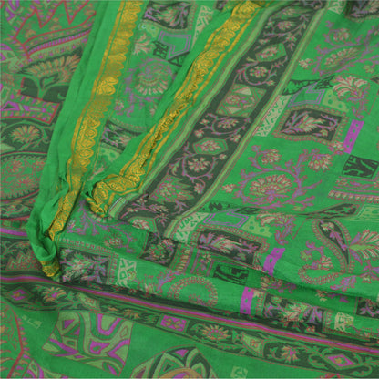 Sanskriti Vintage Sarees Green Zari Border Pure Silk Print Sari 5yd Craft Fabric