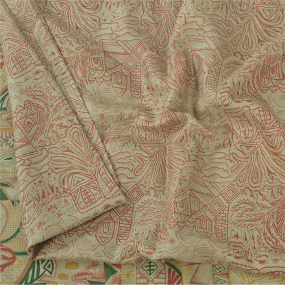 Sanskriti Vintage Sarees Ivory Indian Pure Silk Printed Sari 6yd Craft Fabric