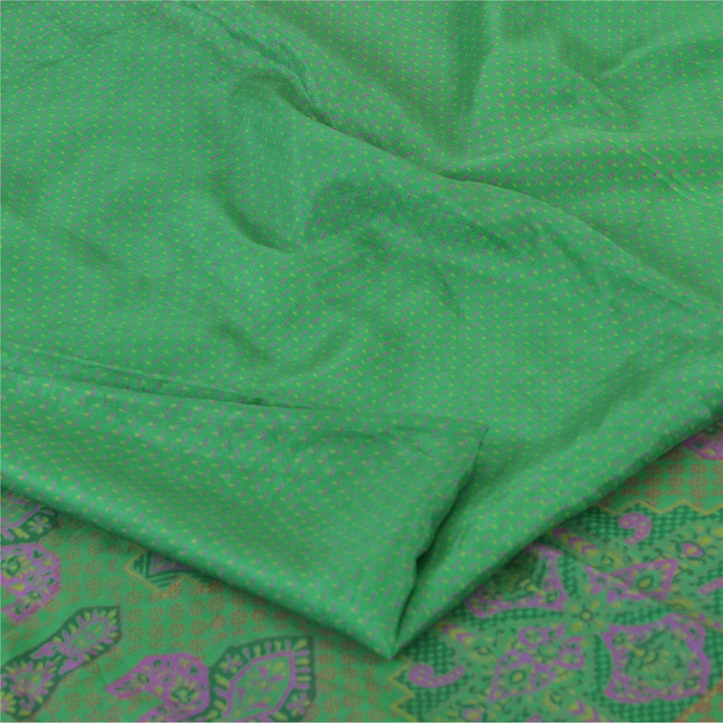 Sanskriti Vintage Sarees Green Indian Pure Silk Printed Sari 6yd Craft Fabric