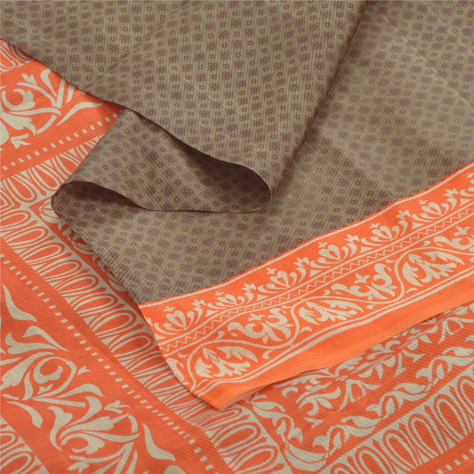 Sanskriti Vintage Sarees Gray/Orange Pure Silk Printed Sari 6yd Craft Fabric