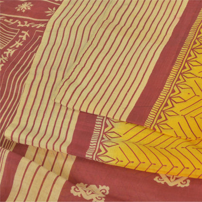 Sanskriti Vintage Sarees Indian Yellow Pure Silk Printed Sari 5yd Craft Fabric